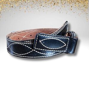 VTG Black Leather Saddle-Stitched Belt • Equestrian Western • Fits 28–36
